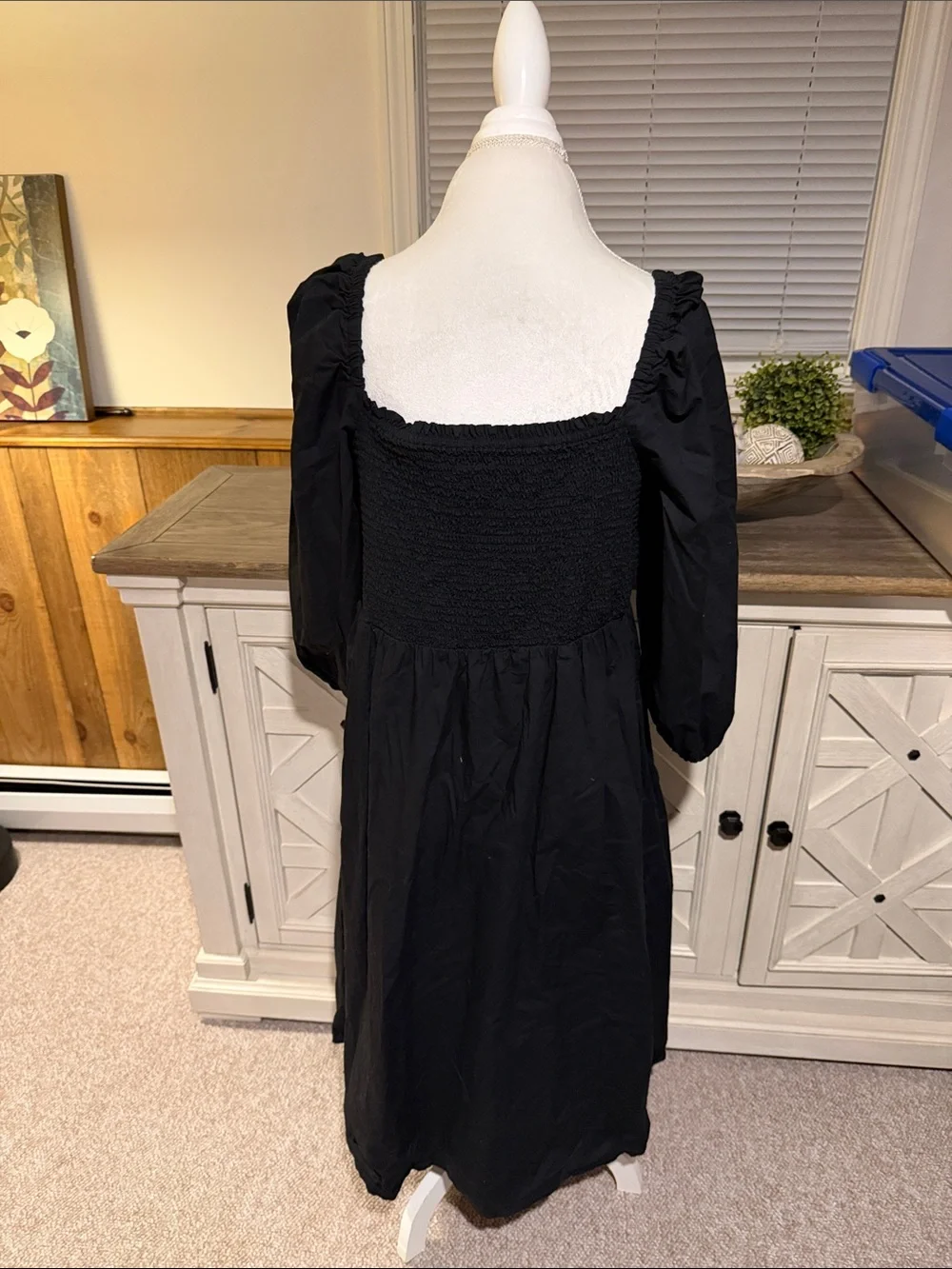 J. Crew Black Smocked Square-Neck Midi Dress with Puff Sleeves